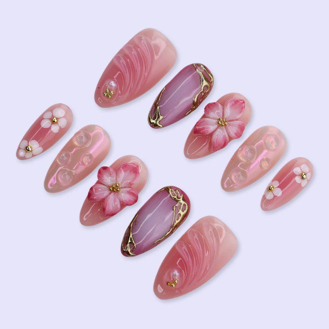 Pink Floral Press On Nails with Aura Chrome & Gold Frame | 3D Fake Nails in Medium Almond | Handmade Nails Artfor Birthday, Spring or Prom
