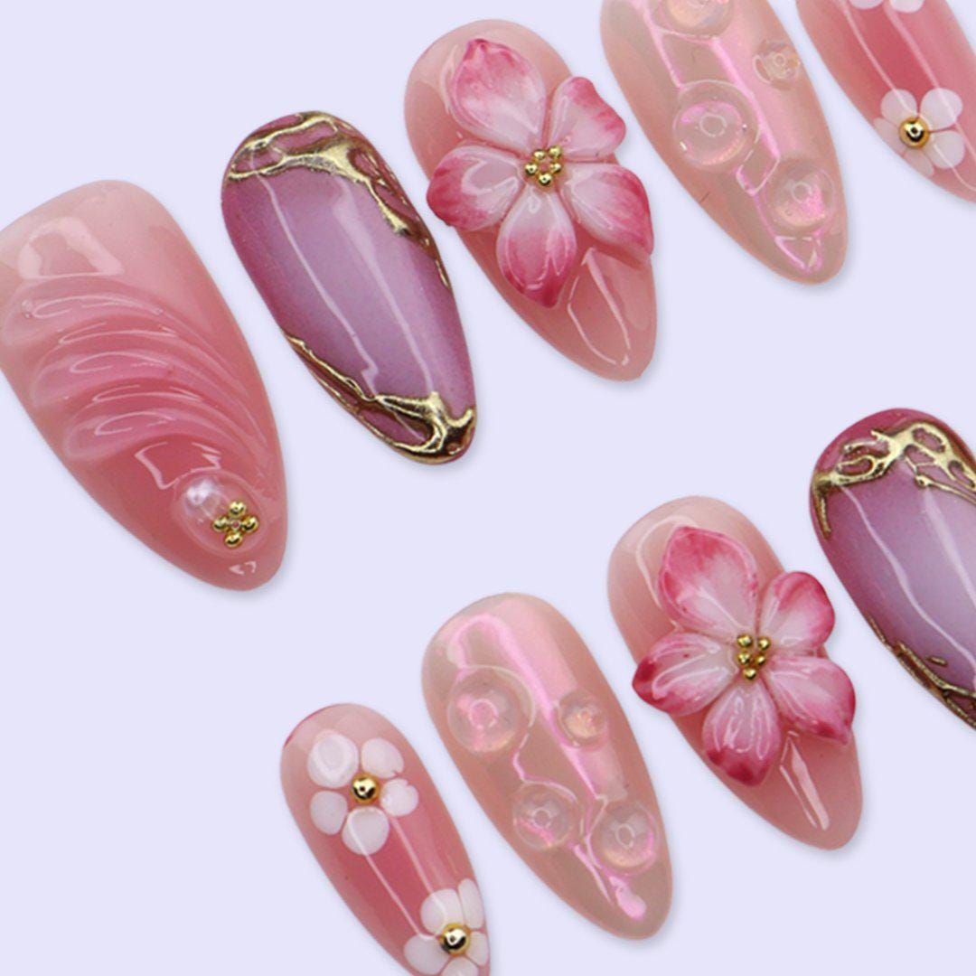Pink Floral Press On Nails with Aura Chrome & Gold Frame | 3D Fake Nails in Medium Almond | Handmade Nails Artfor Birthday, Spring or Prom