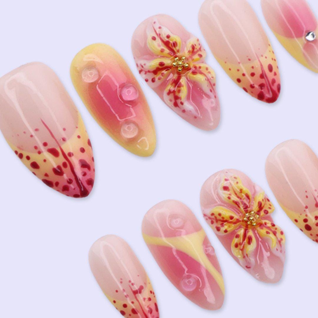 Tropical Hibiscus Press On Nails in Pink & Yellow | 3D Flower Medium Almond Handmade Fake Nails | Summer Nail Art for Vacation, Beach, Party