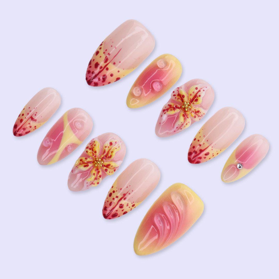 Tropical Hibiscus Press On Nails in Pink & Yellow | 3D Flower Medium Almond Handmade Fake Nails | Summer Nail Art for Vacation, Beach, Party