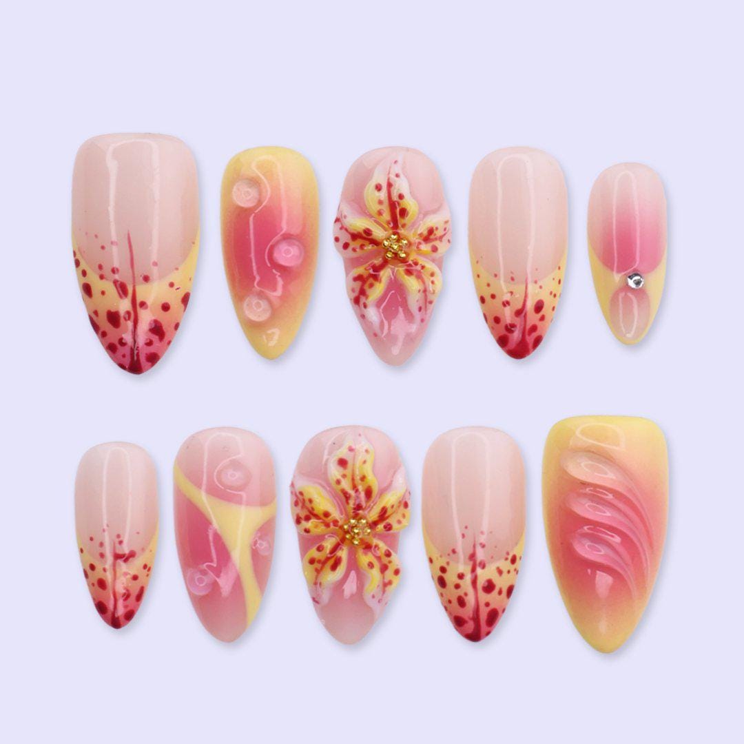 Tropical Hibiscus Press On Nails in Pink & Yellow | 3D Flower Medium Almond Handmade Fake Nails | Summer Nail Art for Vacation, Beach, Party