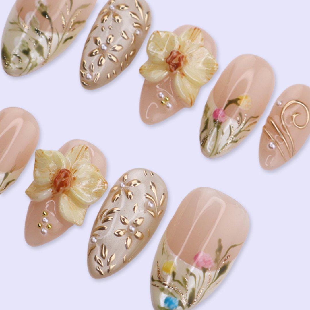 Yellow Press On Nails with 3D Flower, Gold Leaf | Medium Almond Fake Nails | Handmade Elegant Spring Nails Art for Wedding, Party