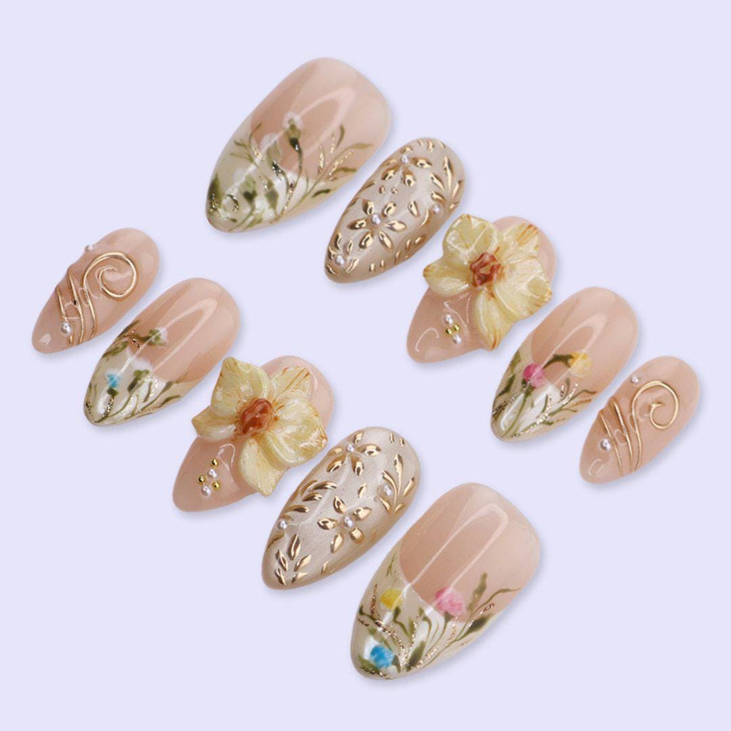 Yellow Press On Nails with 3D Flower, Gold Leaf | Medium Almond Fake Nails | Handmade Elegant Spring Nails Art for Wedding, Party
