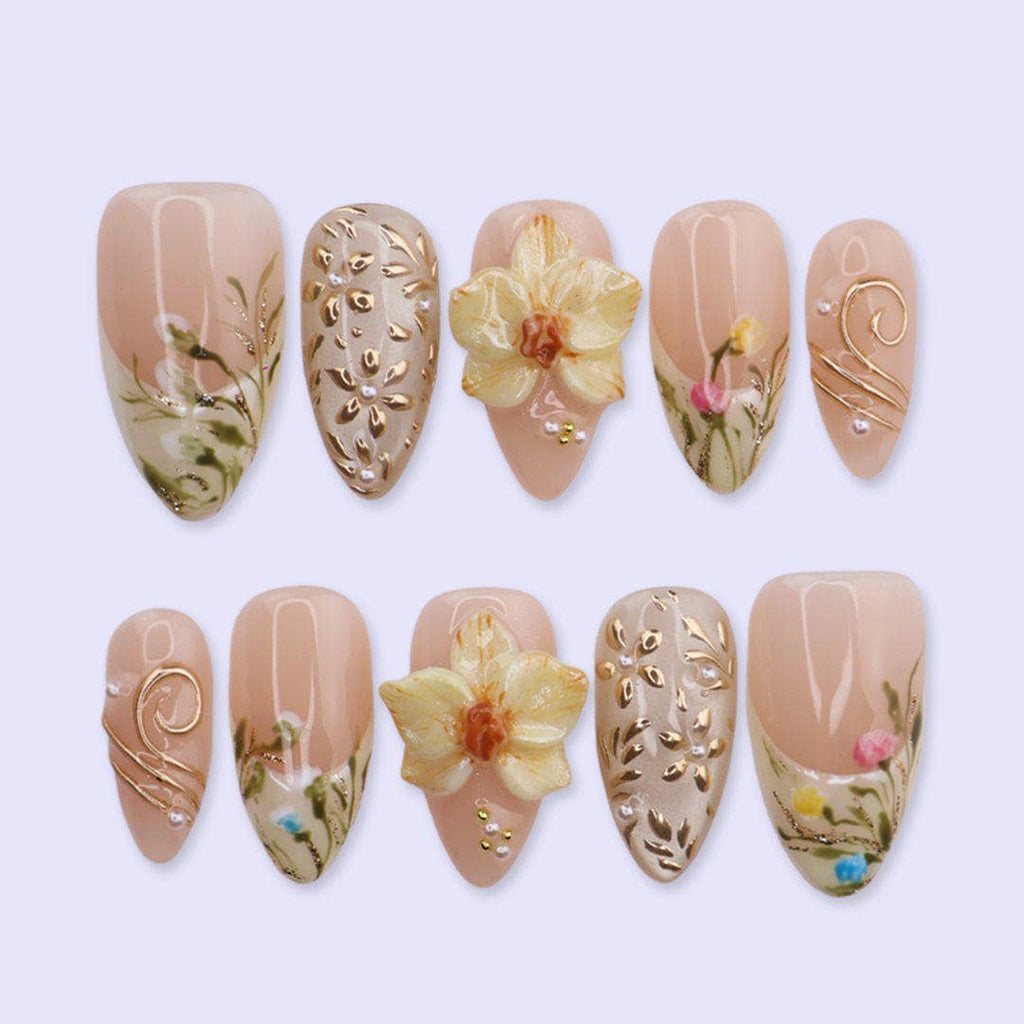Yellow Press On Nails with 3D Flower, Gold Leaf | Medium Almond Fake Nails | Handmade Elegant Spring Nails Art for Wedding, Party