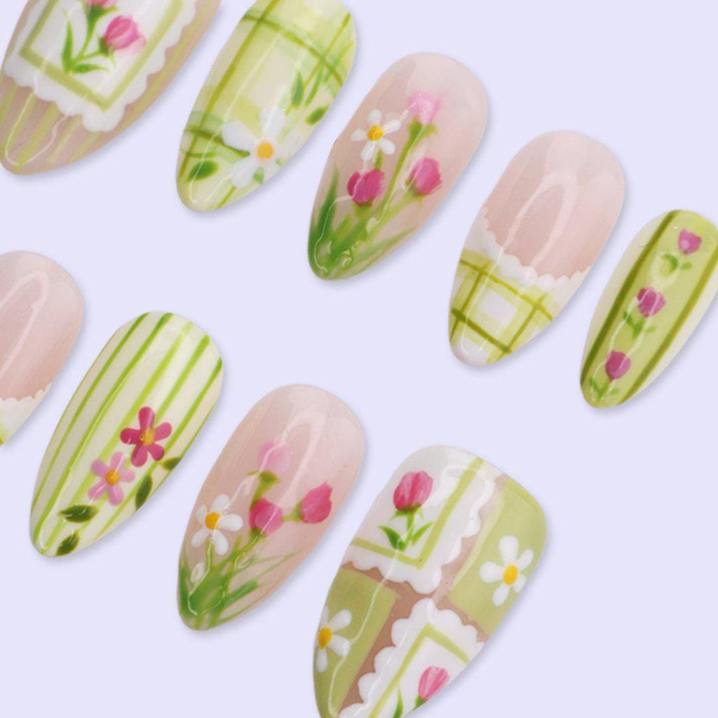 Green Floral Press On Nails with Plaid, Tulip & Cottagecore Details | Almond Handmade Fake Nails | Spring Garden Nails for Picnic, Everyday