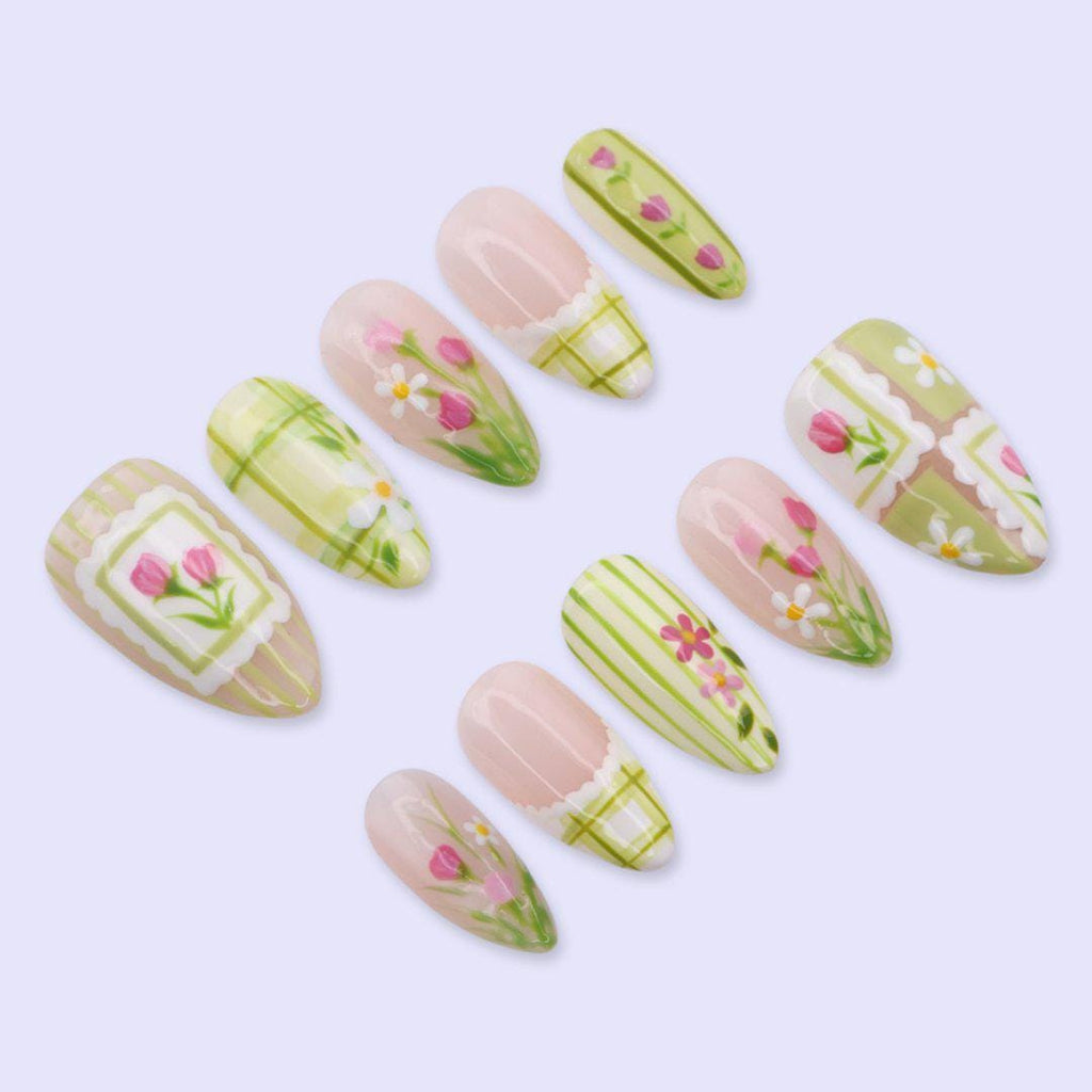 Green Floral Press On Nails with Plaid, Tulip & Cottagecore Details | Almond Handmade Fake Nails | Spring Garden Nails for Picnic, Everyday