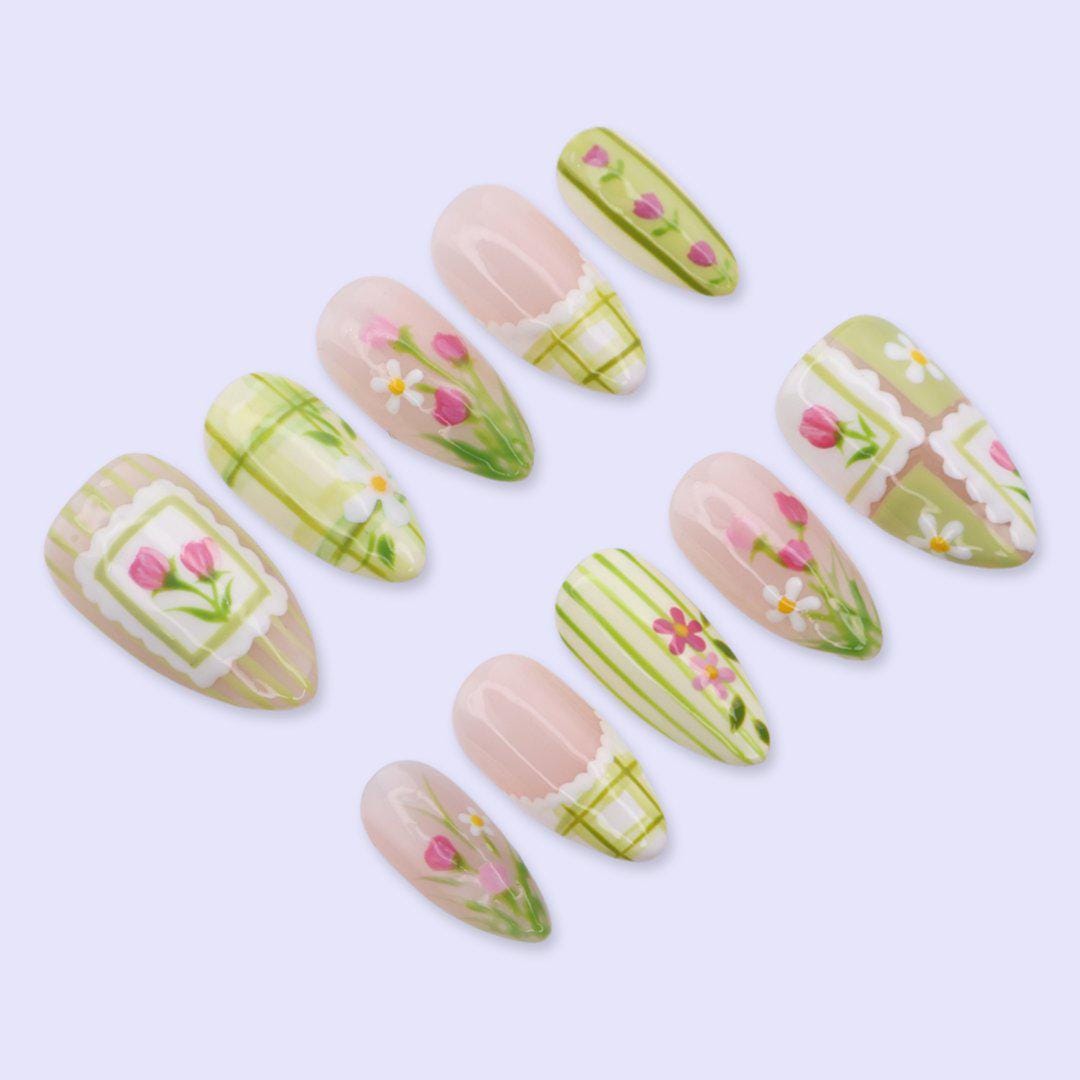 Green Floral Press On Nails with Plaid, Tulip & Cottagecore Details | Almond Handmade Fake Nails | Spring Garden Nails for Picnic, Everyday