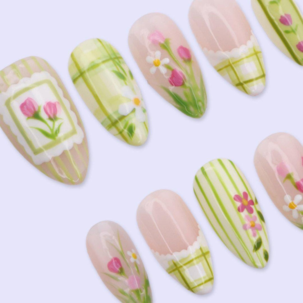 Green Floral Press On Nails with Plaid, Tulip & Cottagecore Details | Almond Handmade Fake Nails | Spring Garden Nails for Picnic, Everyday