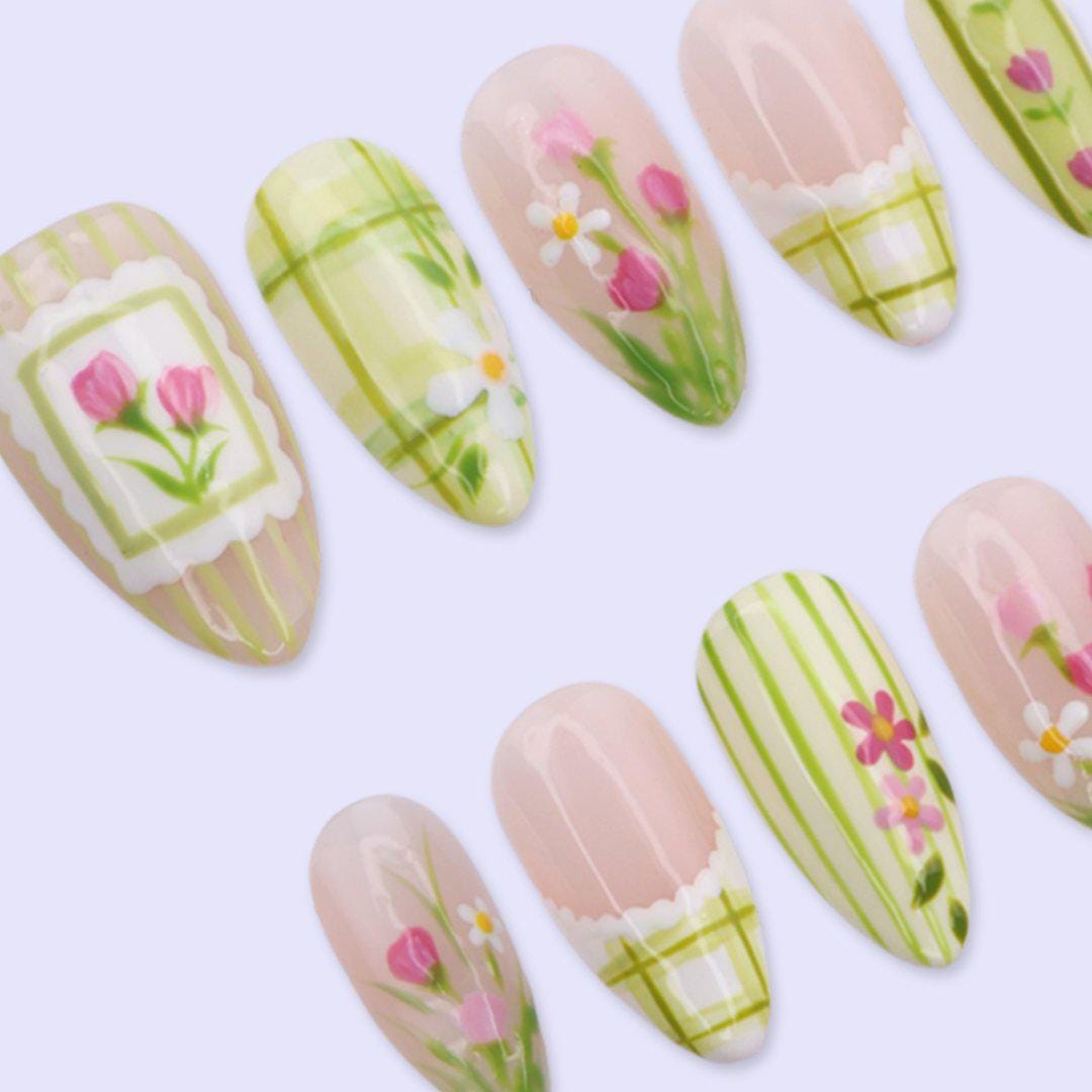 Green Floral Press On Nails with Plaid, Tulip & Cottagecore Details | Almond Handmade Fake Nails | Spring Garden Nails for Picnic, Everyday