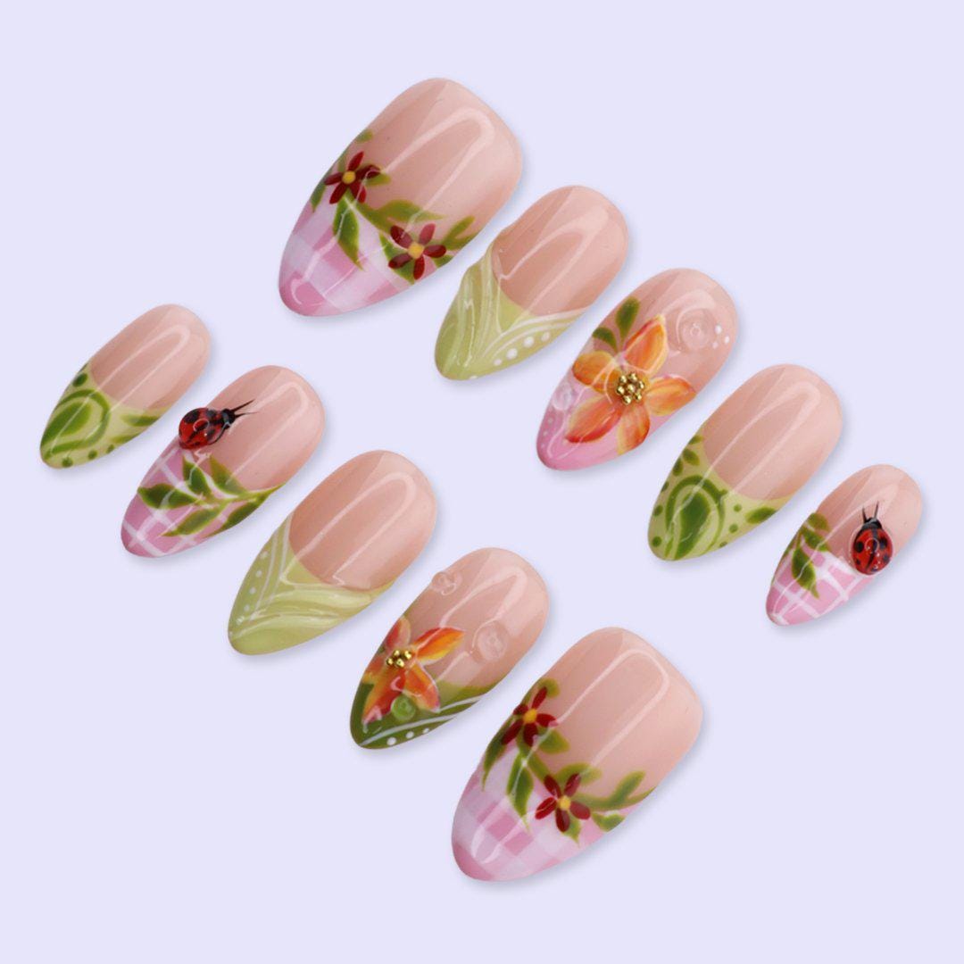 Spring Ladybug Garden Press On Nails with Floral & Pink Plaid | Medium Almond Fake Nails | Handmade Nail Art for Picnic, Vacation