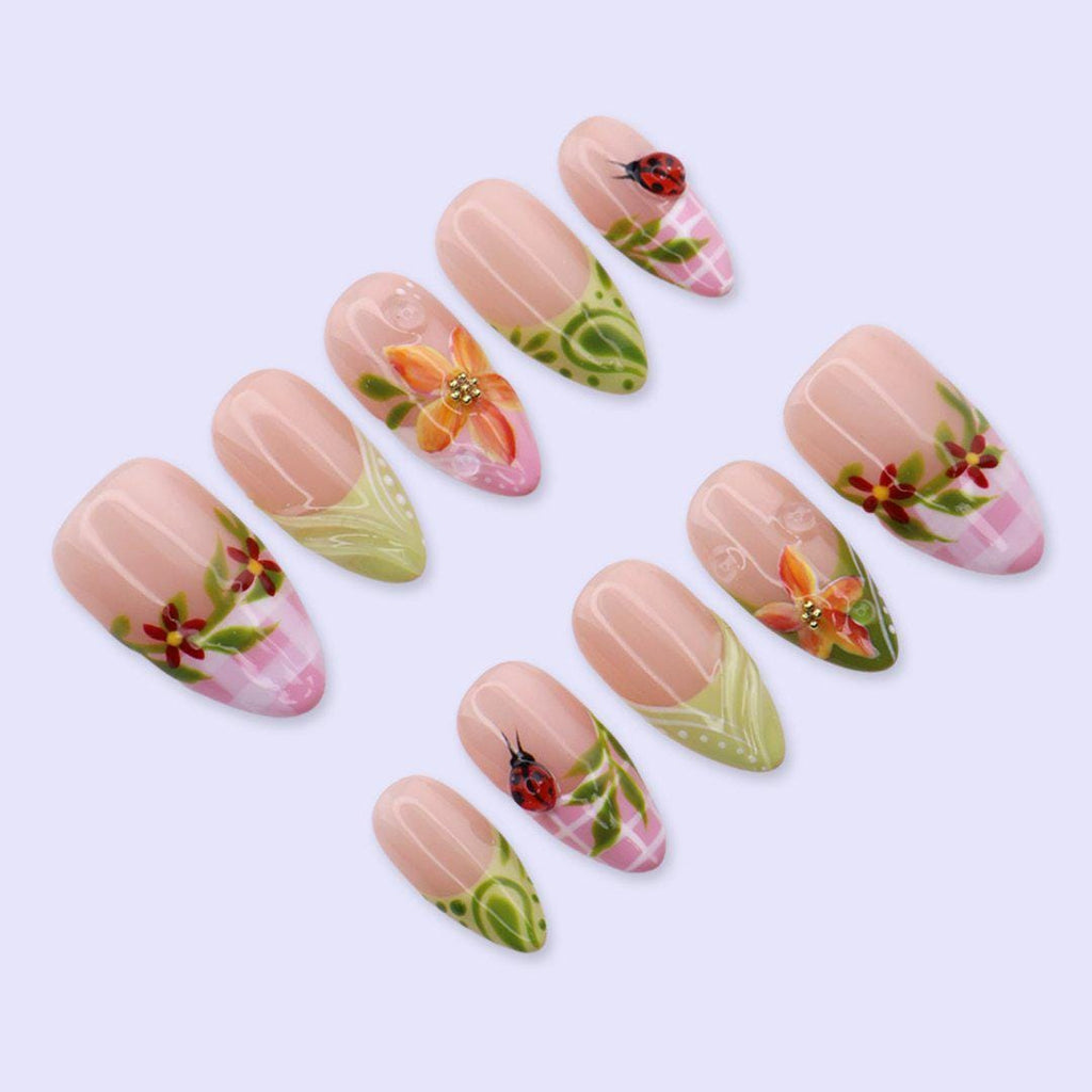 Spring Ladybug Garden Press On Nails with Floral & Pink Plaid | Medium Almond Fake Nails | Handmade Nail Art for Picnic, Vacation
