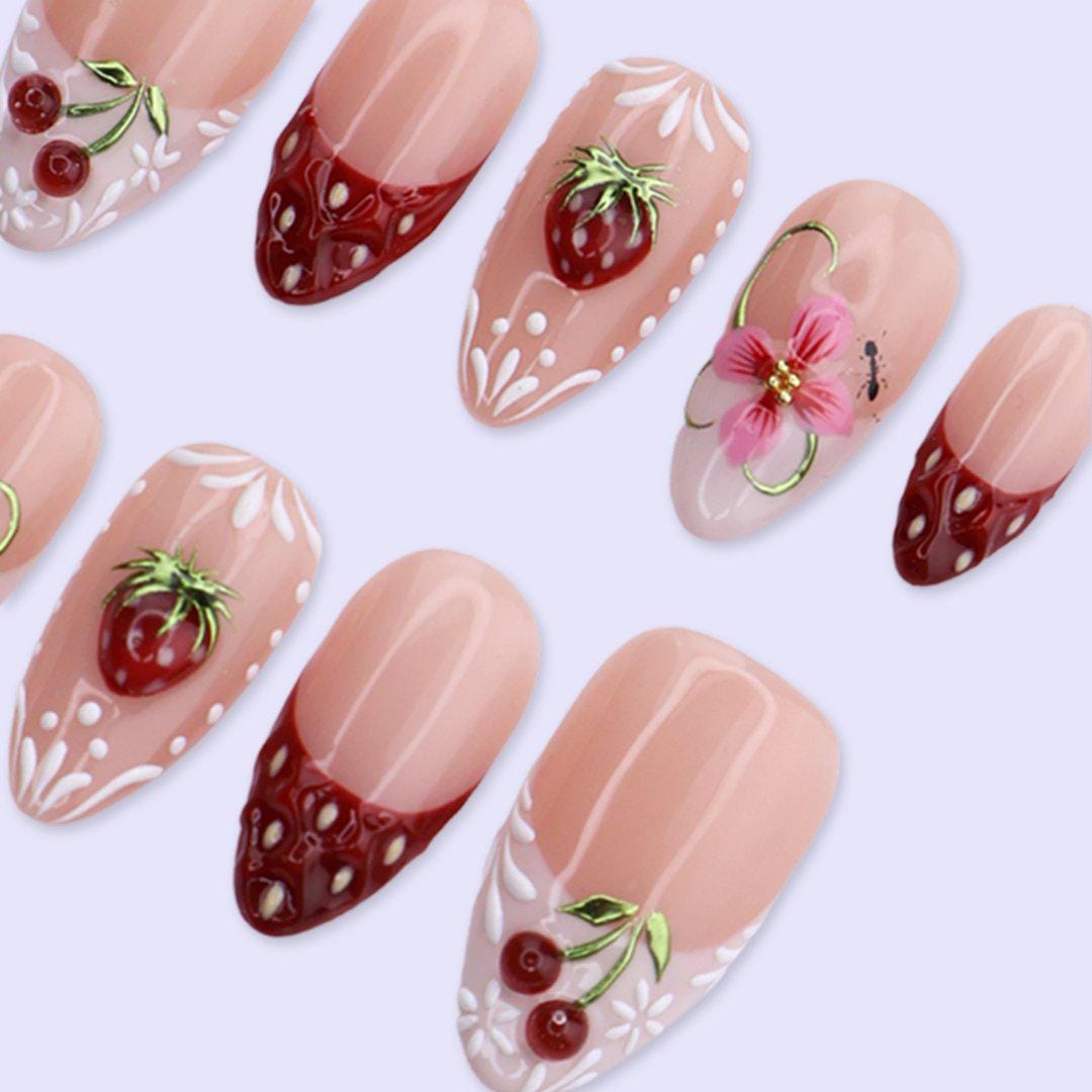 Strawberry Press On Nails with Cherry & Floral Art | Medium Almond Fake Nails | Handmade Nail Art For Picnic, Vacation, Everyday Wear