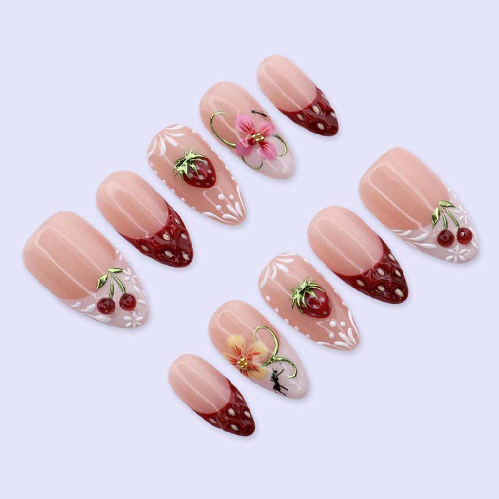 Strawberry Press On Nails with Cherry & Floral Art | Medium Almond Fake Nails | Handmade Nail Art For Picnic, Vacation, Everyday Wear