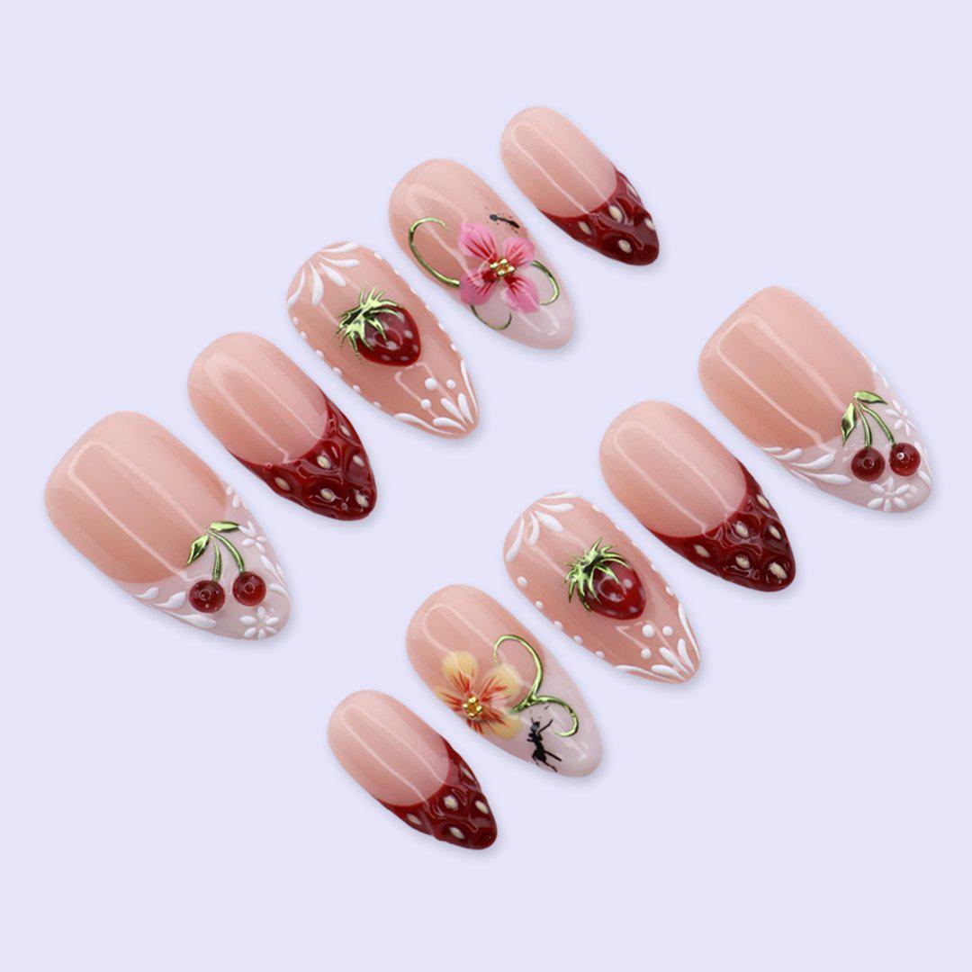 Strawberry Press On Nails with Cherry & Floral Art | Medium Almond Fake Nails | Handmade Nail Art For Picnic, Vacation, Everyday Wear
