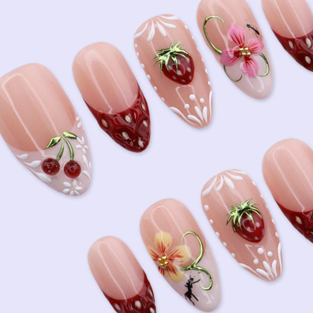Strawberry Press On Nails with Cherry & Floral Art | Medium Almond Fake Nails | Handmade Nail Art For Picnic, Vacation, Everyday Wear