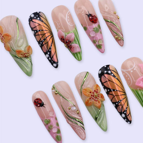 Butterfly Garden Press On Nails with Monarch Wing, 3D Flowers & Ladybug Art | Long Almond Handmade Fake Nails | Spring Nature Nails