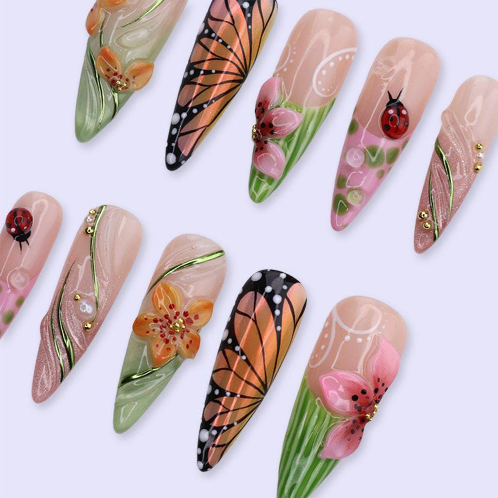 Butterfly Garden Press On Nails with Monarch Wing, 3D Flowers & Ladybug Art | Long Almond Handmade Fake Nails | Spring Nature Nails