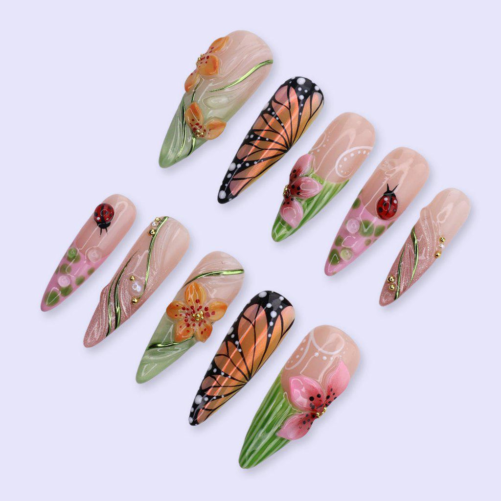 Butterfly Garden Press On Nails with Monarch Wing, 3D Flowers & Ladybug Art | Long Almond Handmade Fake Nails | Spring Nature Nails