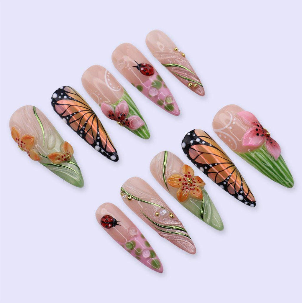 Butterfly Garden Press On Nails with Monarch Wing, 3D Flowers & Ladybug Art | Long Almond Handmade Fake Nails | Spring Nature Nails