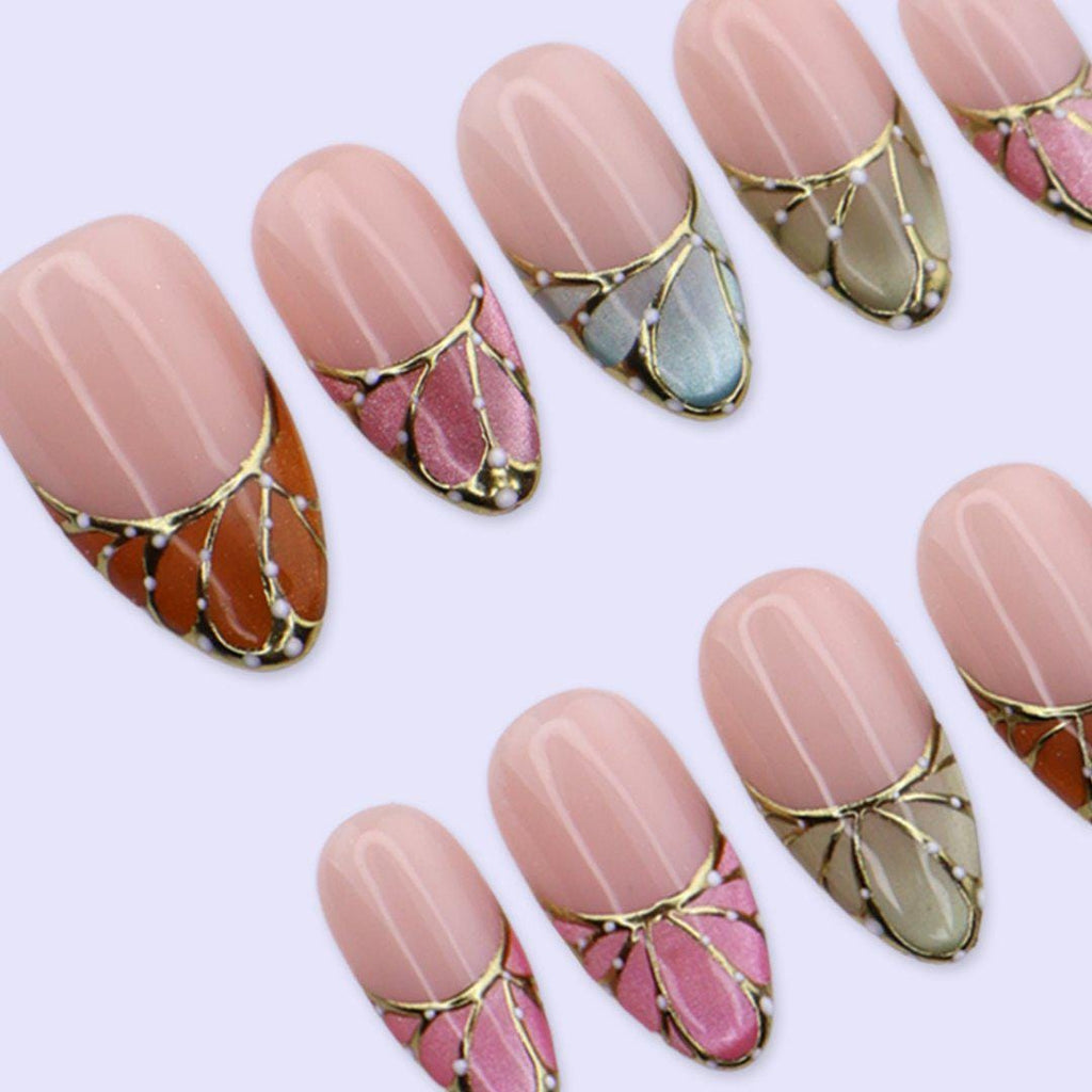 Butterfly Wing Cat Eye Press On Nails | Multi Color French Tips with Gold Lines | Medium Almond Fake Nails | Handmade Nails Art for Spring
