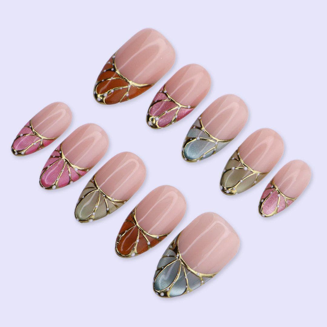 Butterfly Wing Cat Eye Press On Nails | Multi Color French Tips with Gold Lines | Medium Almond Fake Nails | Handmade Nails Art for Spring