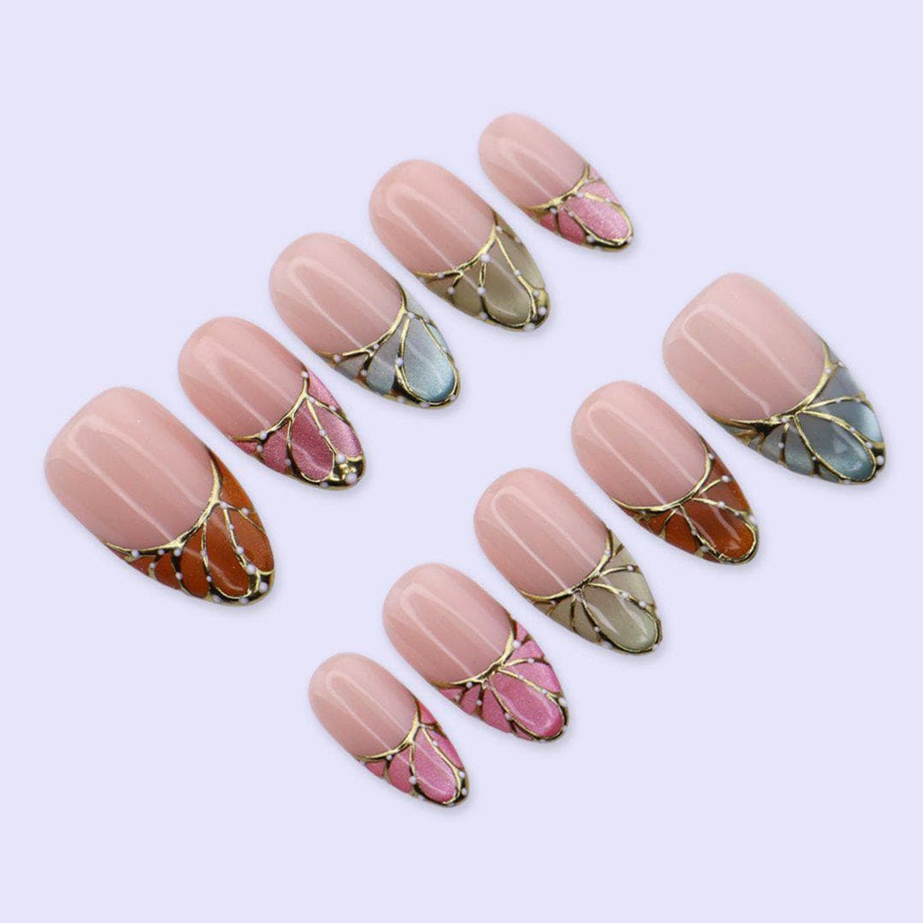Butterfly Wing Cat Eye Press On Nails | Multi Color French Tips with Gold Lines | Medium Almond Fake Nails | Handmade Nails Art for Spring