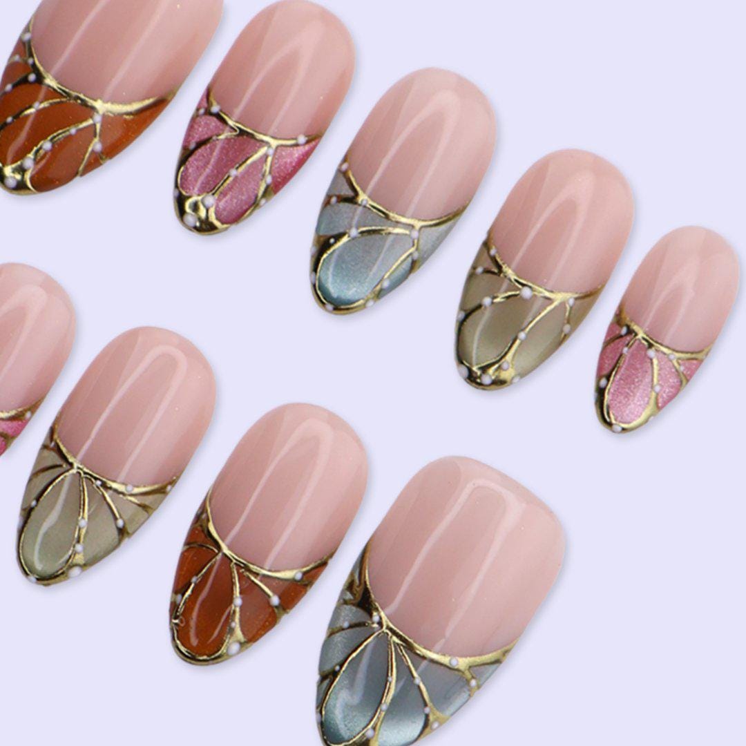 Butterfly Wing Cat Eye Press On Nails | Multi Color French Tips with Gold Lines | Medium Almond Fake Nails | Handmade Nails Art for Spring
