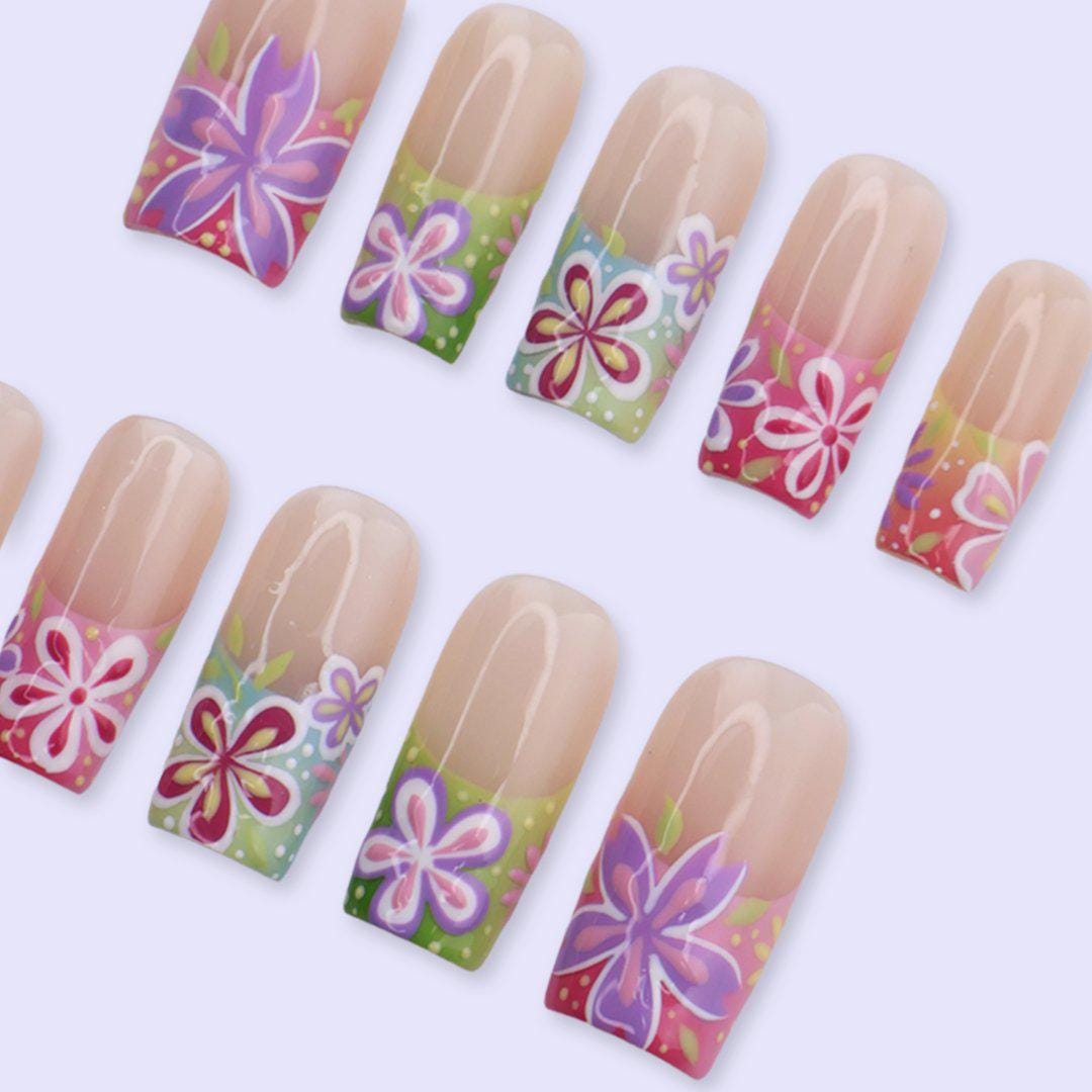Colorful Floral Press On Nails with Retro Flower Art & Gradient Tips | Square Handmade Fake Nails | Summer Bright Nails, Cute Vacation Set