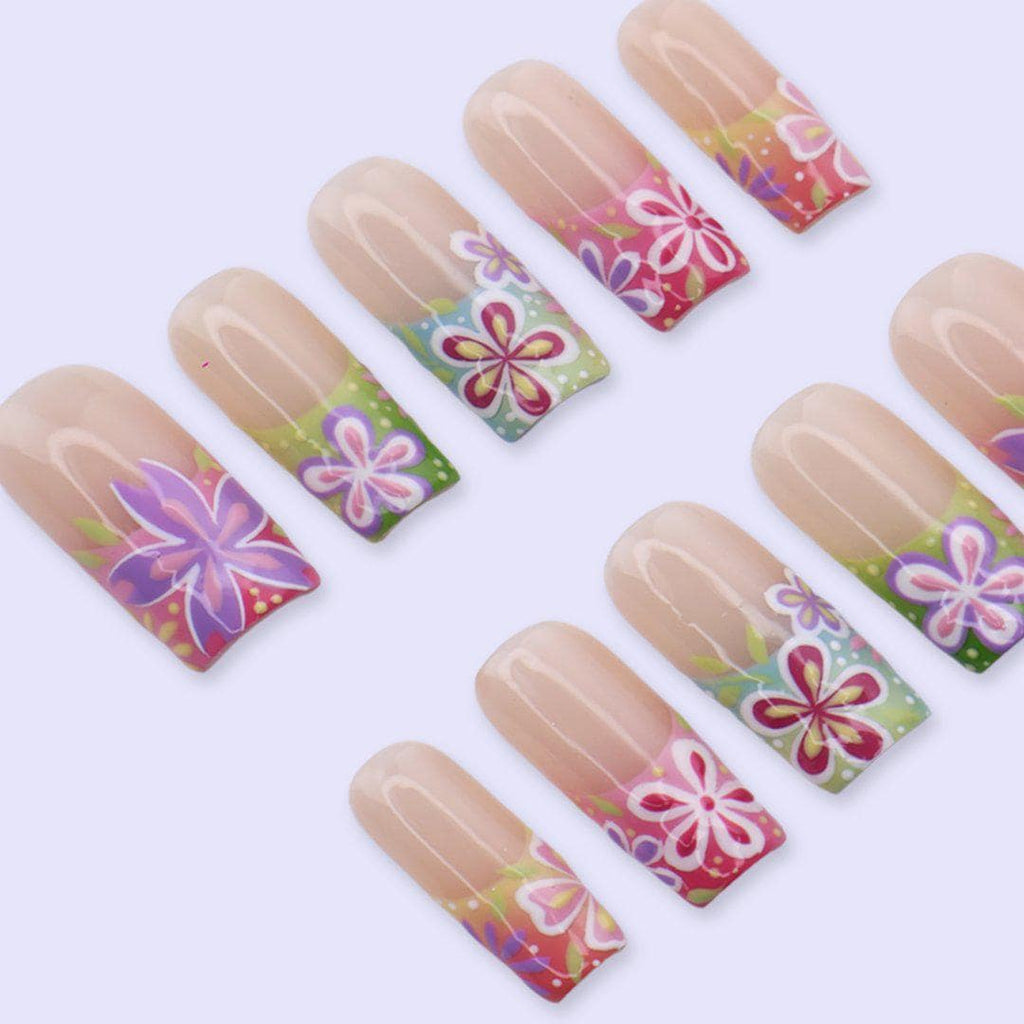 Colorful Floral Press On Nails with Retro Flower Art & Gradient Tips | Square Handmade Fake Nails | Summer Bright Nails, Cute Vacation Set