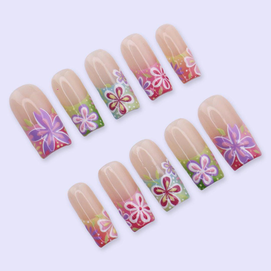 Colorful Floral Press On Nails with Retro Flower Art & Gradient Tips | Square Handmade Fake Nails | Summer Bright Nails, Cute Vacation Set