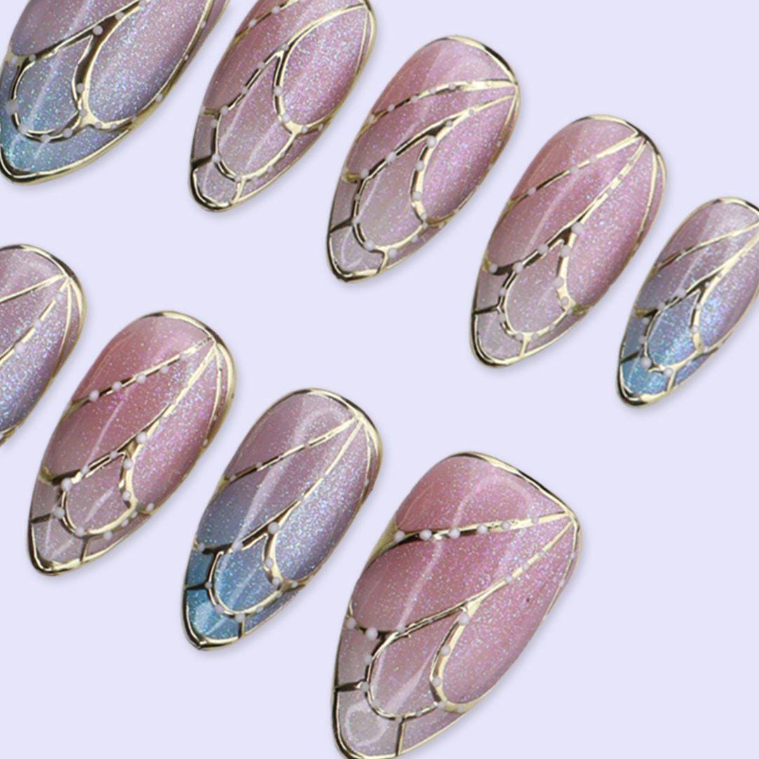 Butterfly Wing Cat Eye Press On Nails in Pink & Blue |Medium Almond Handmade Fake Nails | Elegant Shimmer Nail Art for Wedding, Party
