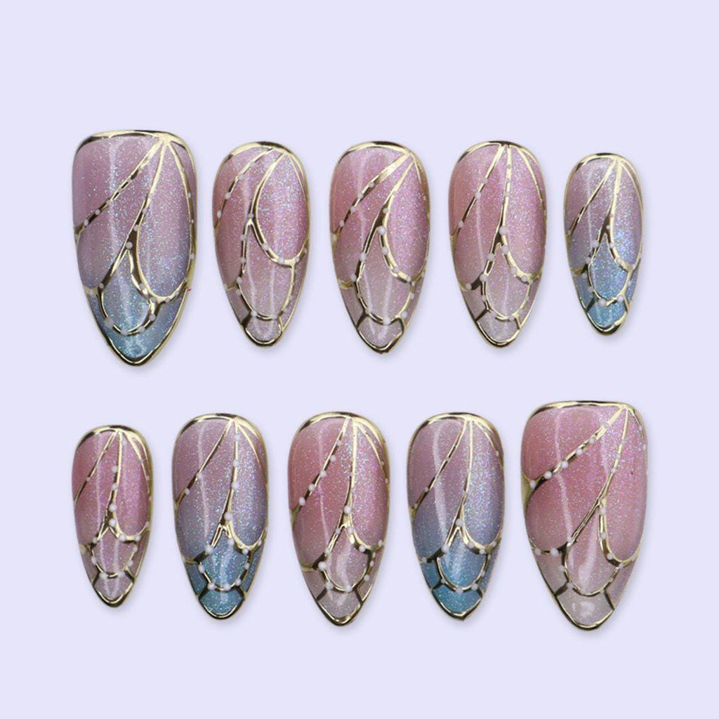 Butterfly Wing Cat Eye Press On Nails in Pink & Blue |Medium Almond Handmade Fake Nails | Elegant Shimmer Nail Art for Wedding, Party