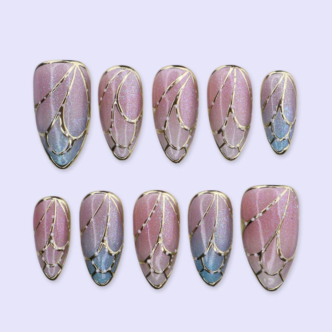 Butterfly Wing Cat Eye Press On Nails in Pink & Blue |Medium Almond Handmade Fake Nails | Elegant Shimmer Nail Art for Wedding, Party