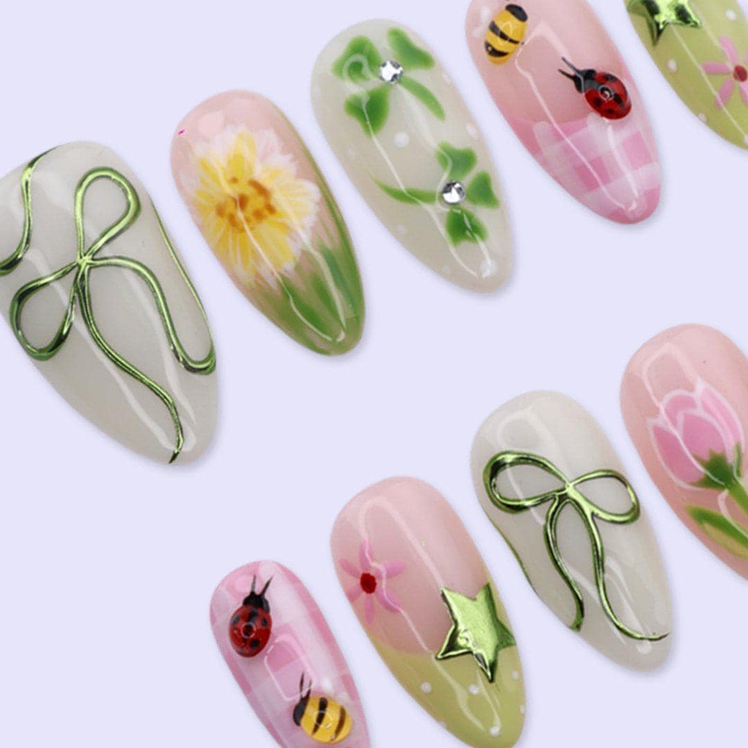Green Garden Press On Nails with Clover, Bee, Ladybug & Floral Art | Almond Handmade Fake Nails | Cute Nature Nails, Spring Aesthetic Set