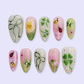 Green Garden Press On Nails with Clover, Bee, Ladybug & Floral Art | Almond Handmade Fake Nails | Cute Nature Nails, Spring Aesthetic Set