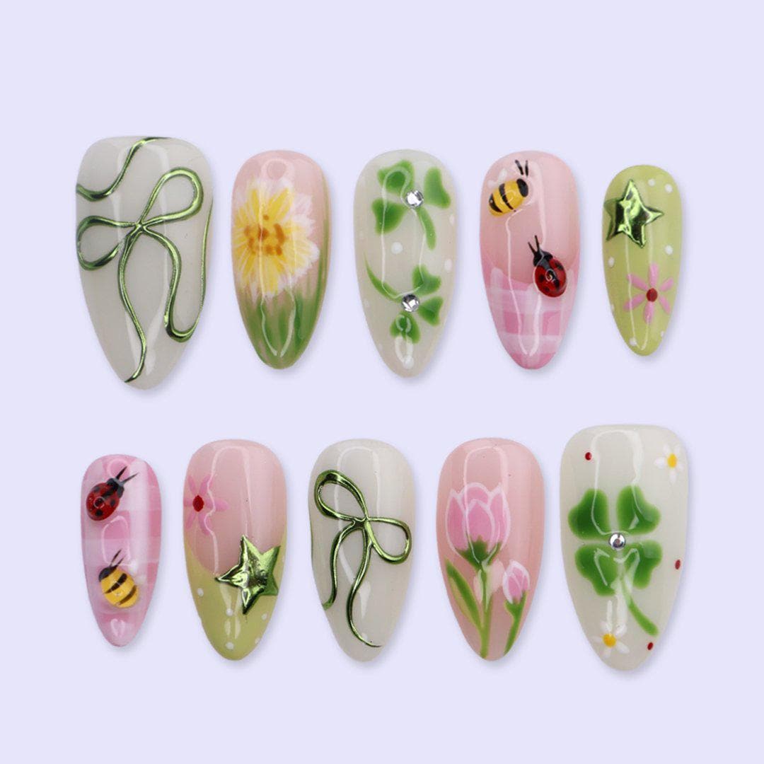 Green Garden Press On Nails with Clover, Bee, Ladybug & Floral Art | Almond Handmade Fake Nails | Cute Nature Nails, Spring Aesthetic Set