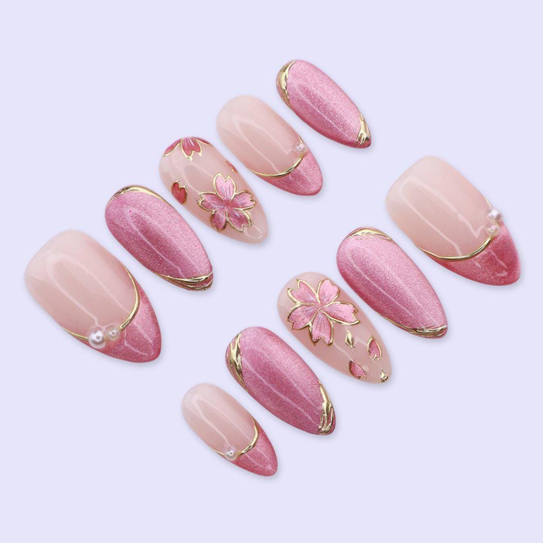 Pink Cat Eye Press On Nails with Flowers & Gold Lines | Medium Almond Handmade Fake Nails | Elegant Nail Art for Spring, Wedding, Party