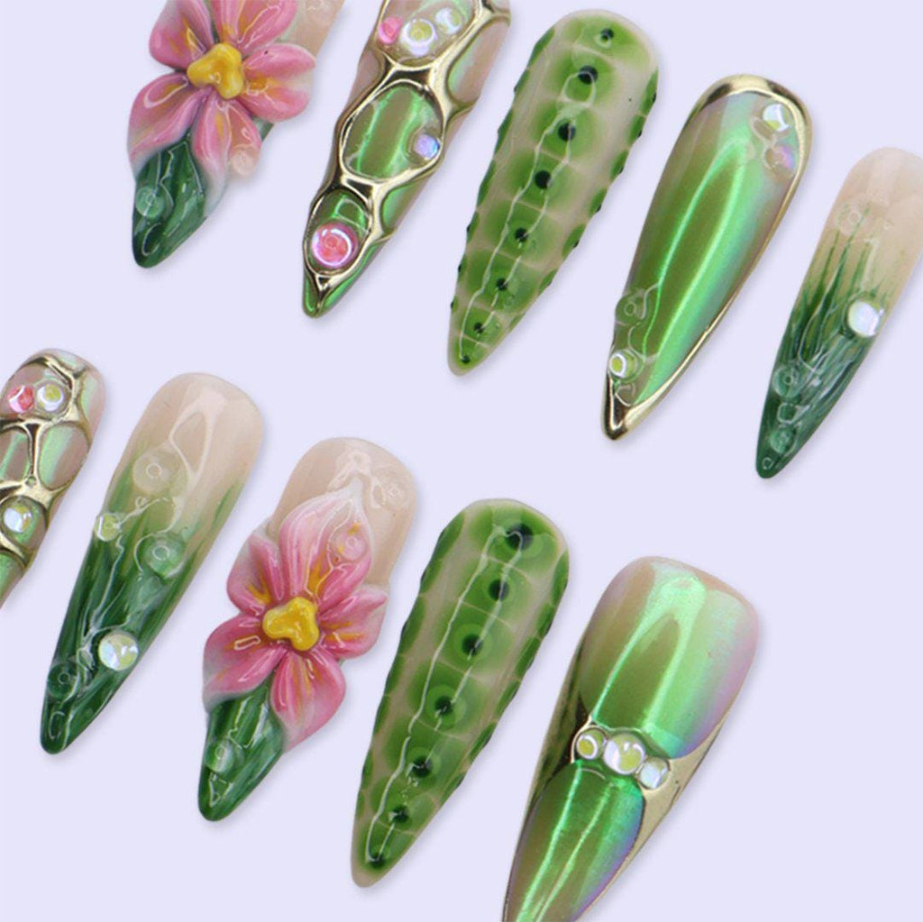Green Chrome Press On Nails with 3D Flower, Gold Frame & Jelly Texture | Long Almond Handmade Fake Nails | Luxury Botanical Statement Nails