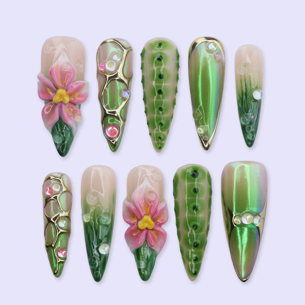 Green Chrome Press On Nails with 3D Flower, Gold Frame & Jelly Texture | Long Almond Handmade Fake Nails | Luxury Botanical Statement Nails