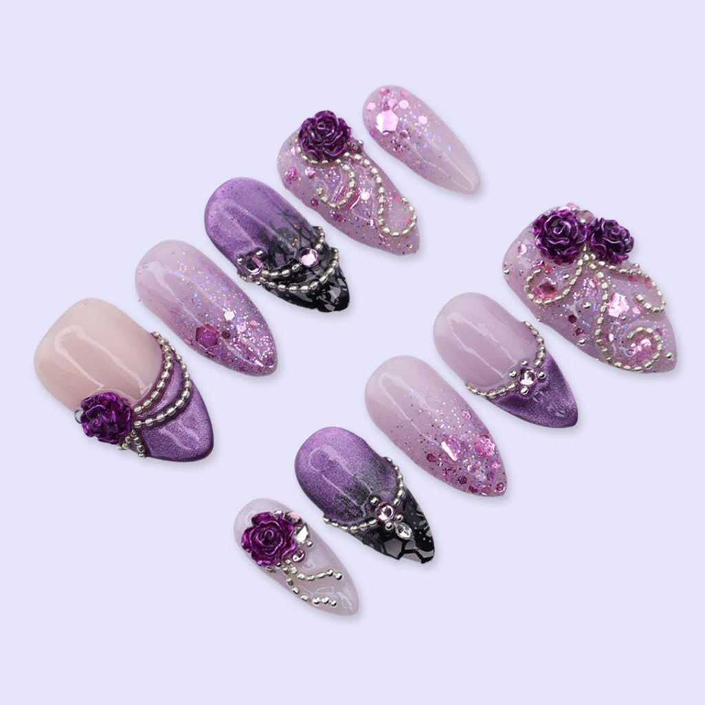 Purple Rose Press On Nails with 3D Flower, Glitter Ombre, Rhinestone Chain | Medium Almond Fake Nails | Handmade Nails Art for Prom, Wedding
