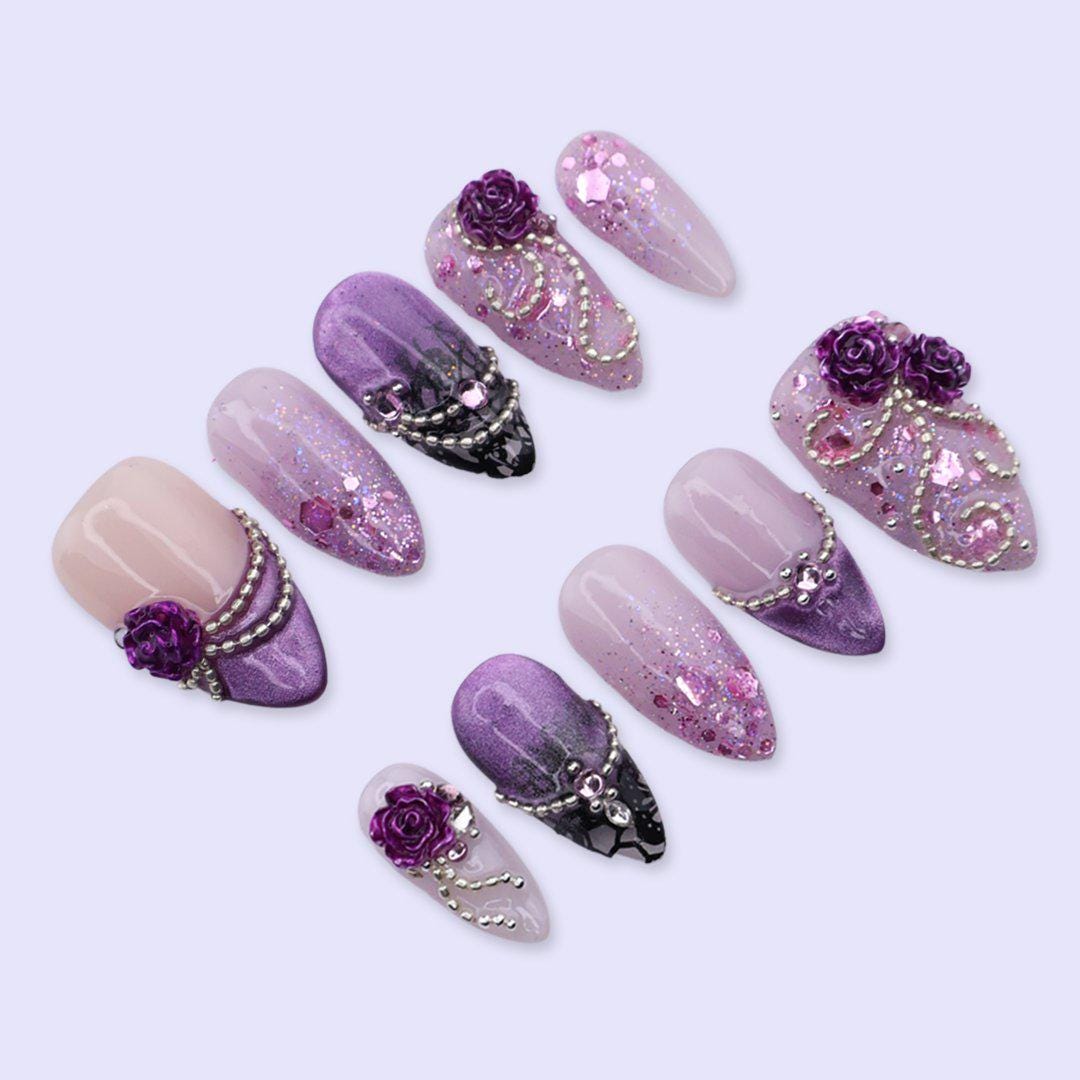 Purple Rose Press On Nails with 3D Flower, Glitter Ombre, Rhinestone Chain | Medium Almond Fake Nails | Handmade Nails Art for Prom, Wedding