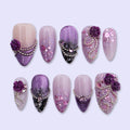 Purple Rose Press On Nails with 3D Flower, Glitter Ombre, Rhinestone Chain | Medium Almond Fake Nails | Handmade Nails Art for Prom, Wedding
