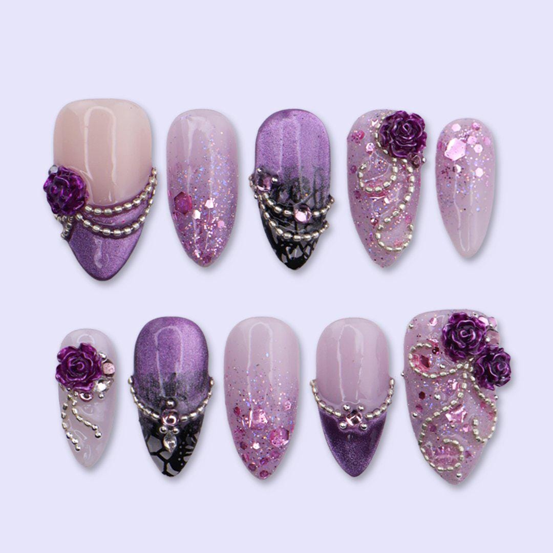 Purple Rose Press On Nails with 3D Flower, Glitter Ombre, Rhinestone Chain | Medium Almond Fake Nails | Handmade Nails Art for Prom, Wedding