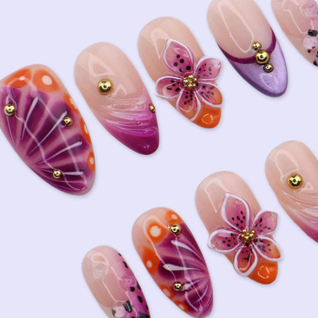 Purple Orange Press On Nails with 3D Flower & Aura Swirl | Medium Almond Fake Nails | Handmade Nails Art for Vacation, Party, Spring