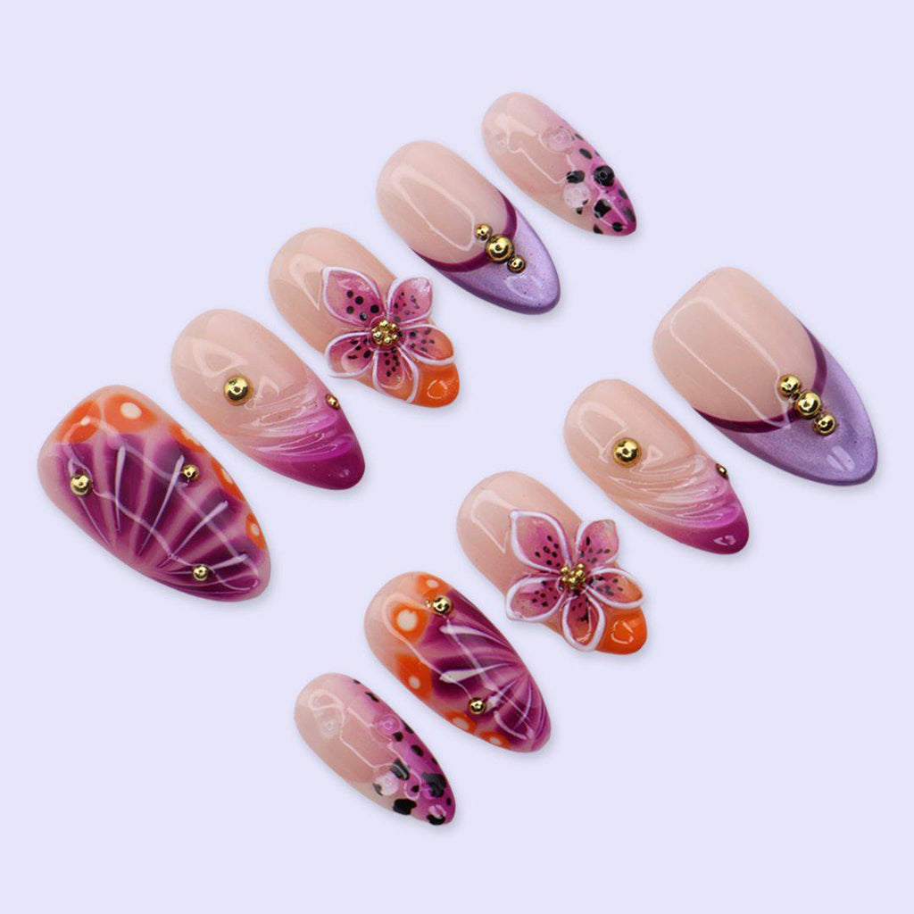 Purple Orange Press On Nails with 3D Flower & Aura Swirl | Medium Almond Fake Nails | Handmade Nails Art for Vacation, Party, Spring