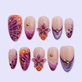 Purple Orange Press On Nails with 3D Flower & Aura Swirl | Medium Almond Fake Nails | Handmade Nails Art for Vacation, Party, Spring