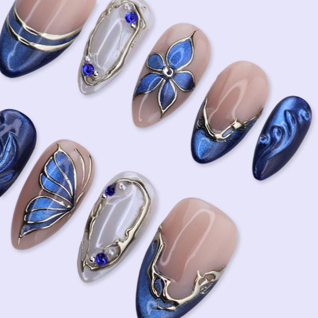 Blue Press On Nails with Flower, Butterfly Wing & Gold | Medium Almond Fake Nails | Handmade Nails Art for Prom, Wedding Or Gift