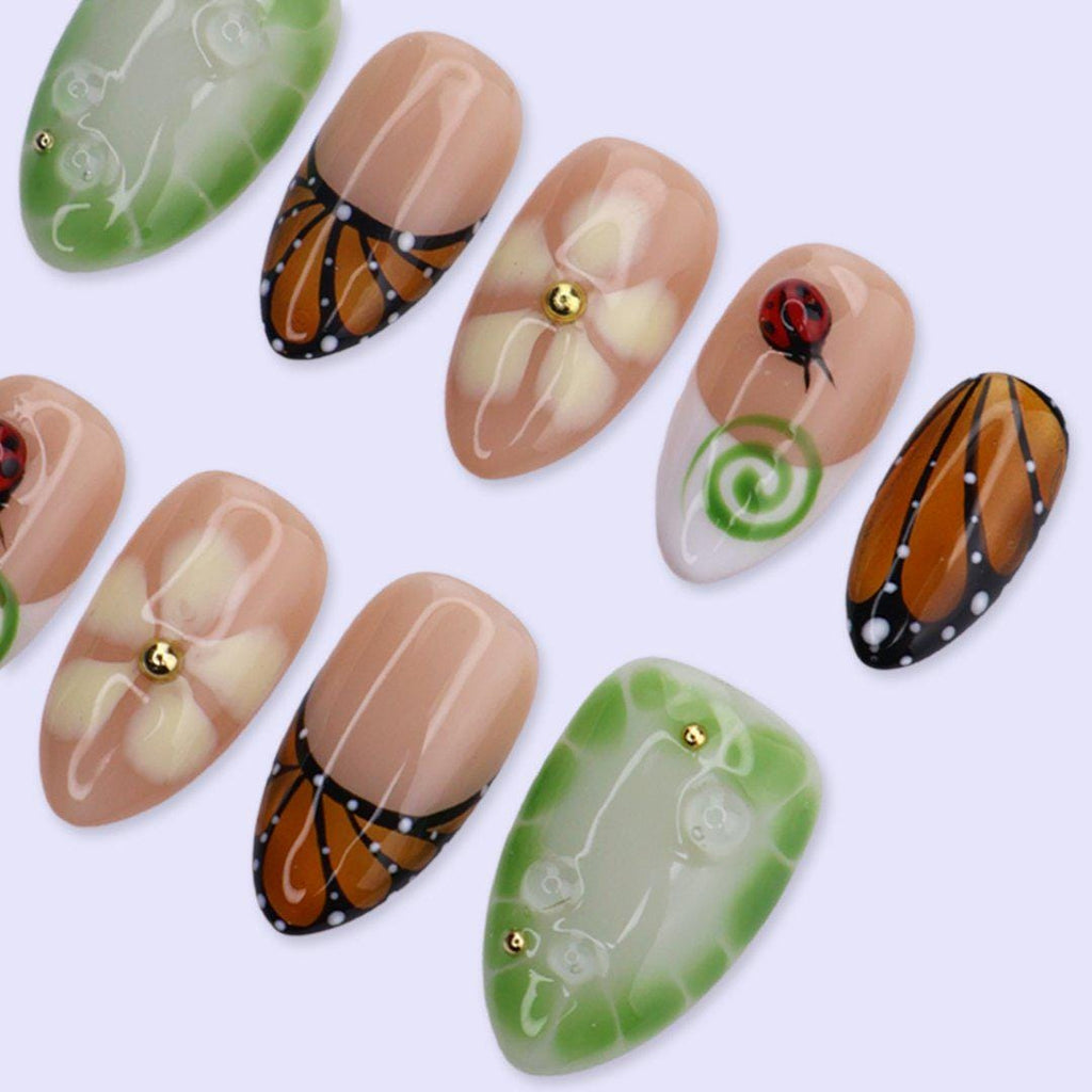 Spring Butterfly Press On Nails with Ladybug, Green Aura & Floral Art | Short Almond Fake Nails | Handmade Nails Art for Garden, Picnic