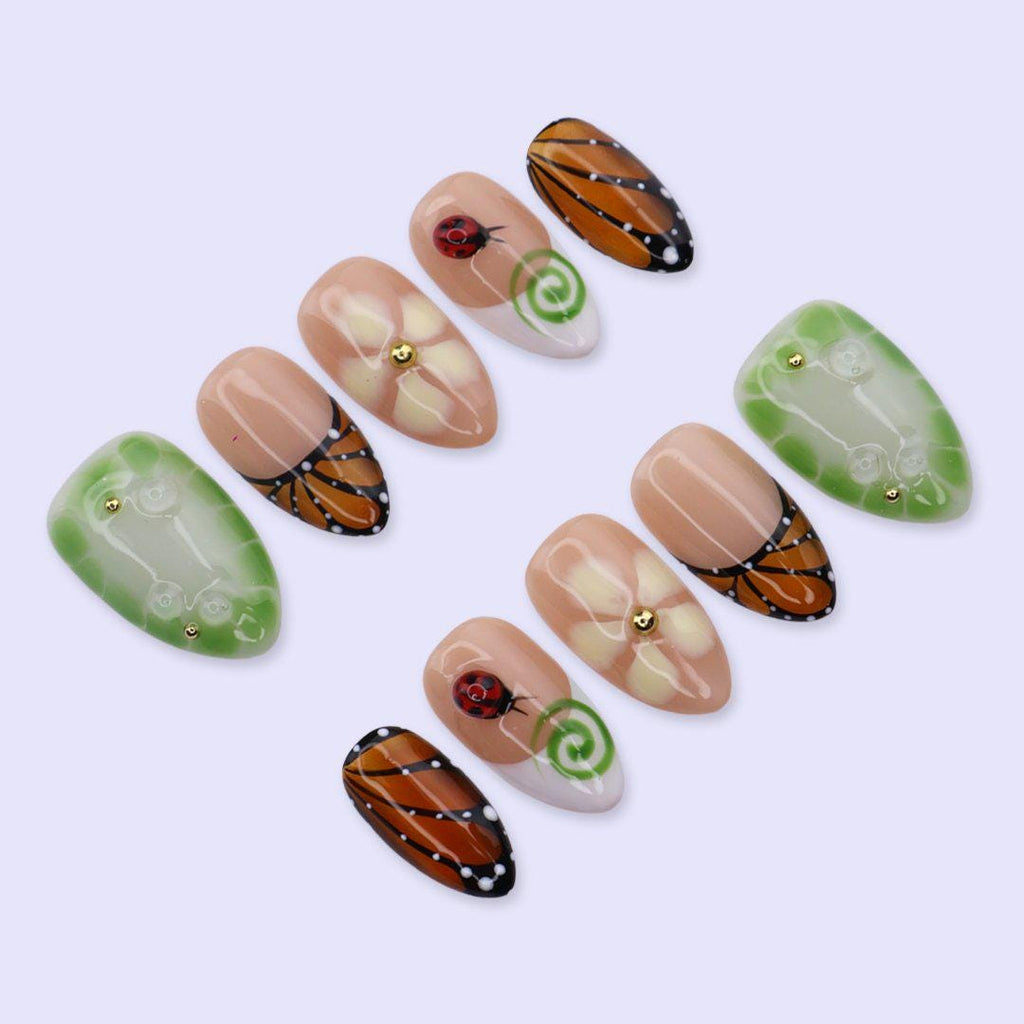 Spring Butterfly Press On Nails with Ladybug, Green Aura & Floral Art | Short Almond Fake Nails | Handmade Nails Art for Garden, Picnic
