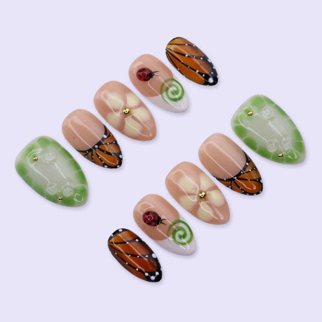 Spring Butterfly Press On Nails with Ladybug, Green Aura & Floral Art | Short Almond Fake Nails | Handmade Nails Art for Garden, Picnic